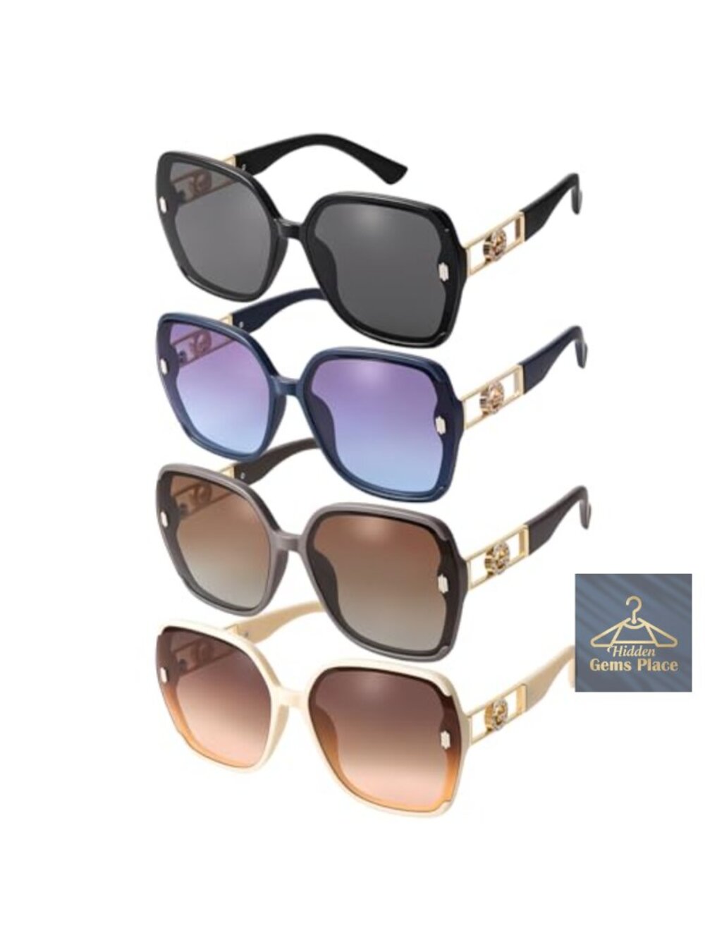 4 Pcs Retro Oversized Square Sunglasses Women UV400 Protection Rhinestone